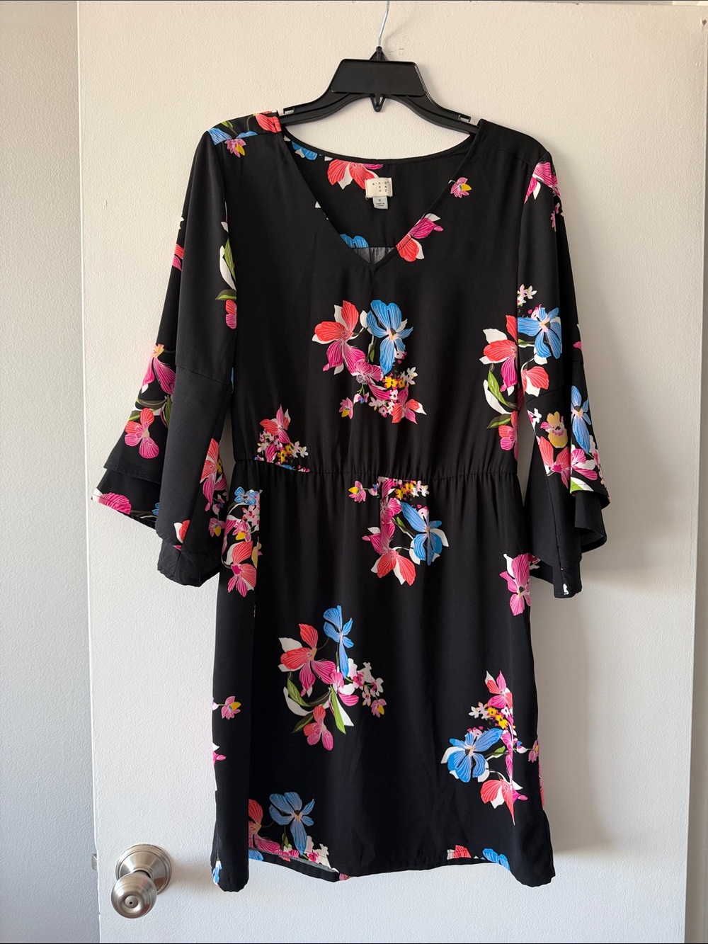 A New Day Black Floral Bell Sleeve V-Neck Mini Dress Size S